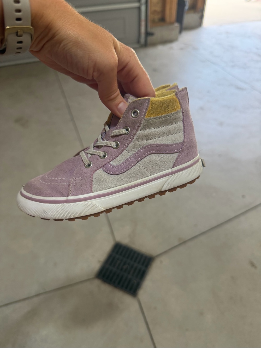 Vans Kids High-Top Suede Sneakers in Lavender and Cream with Yellow Accent
